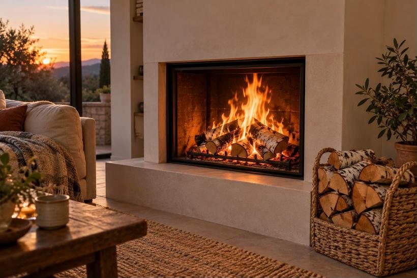 Familia junto a la chimenea encendida con abedul