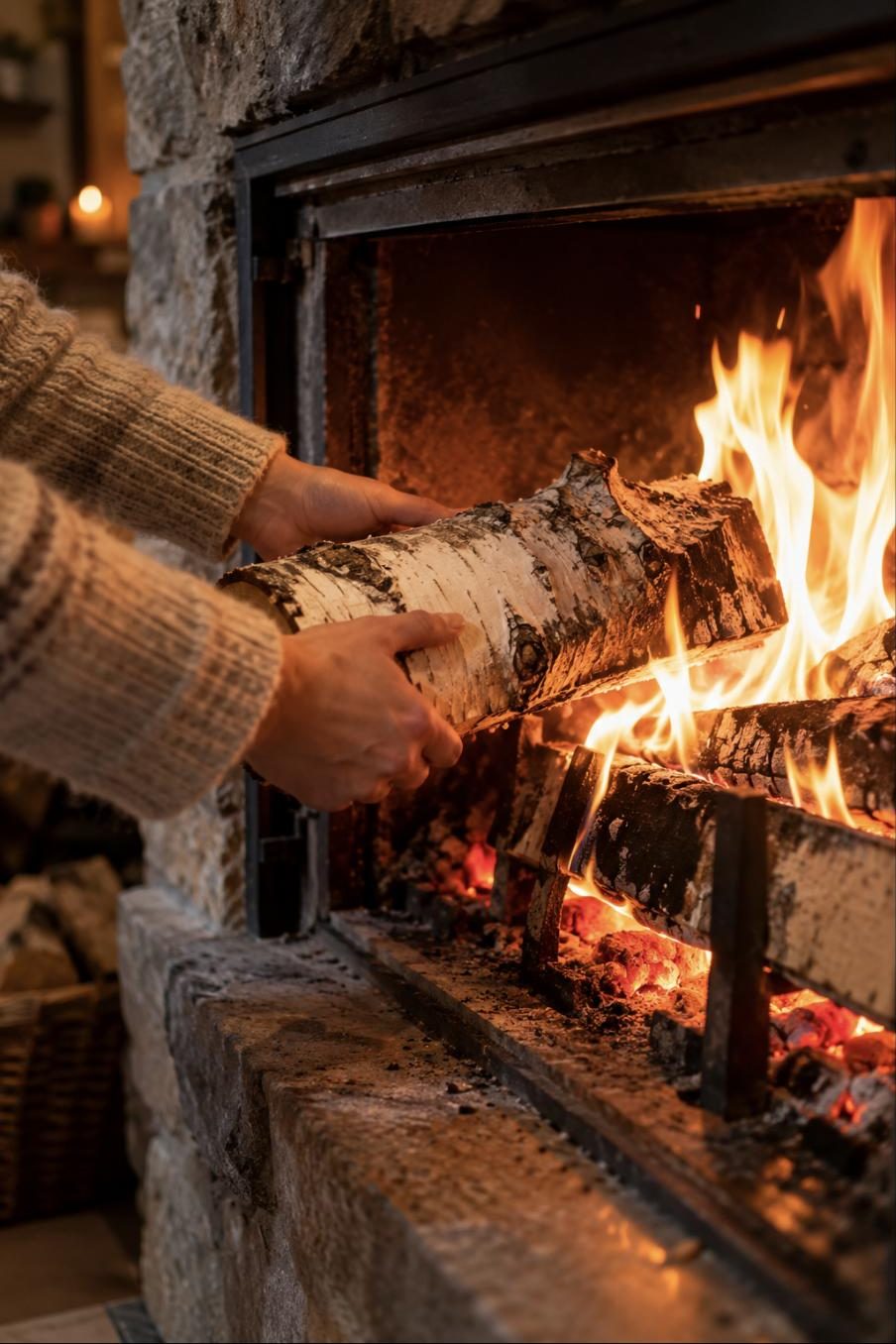 Manos colocando un tronco de abedul en la chimenea