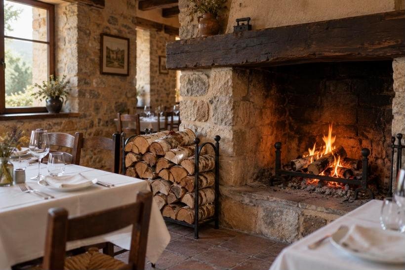 Restaurante con chimenea encendida con abedul
